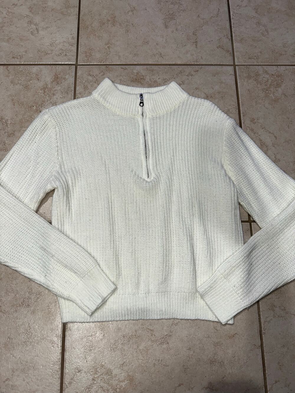 Shein White Ribbed Quarter Zip Mock Neck Sweater Women’s Medium